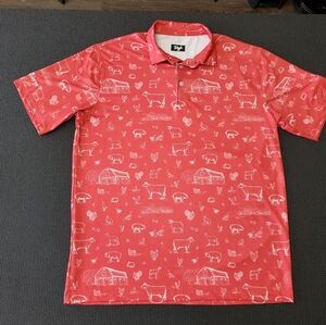Waggle Coral Red Farm Theme All Over Print Golf Polo Mens XL